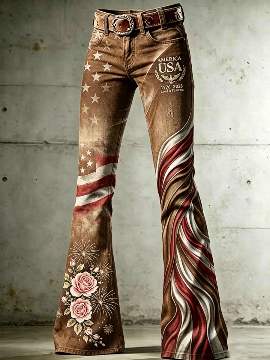 Women's High-Waisted Jeans with Cross, Flag, Butterfly, and Floral Patterns