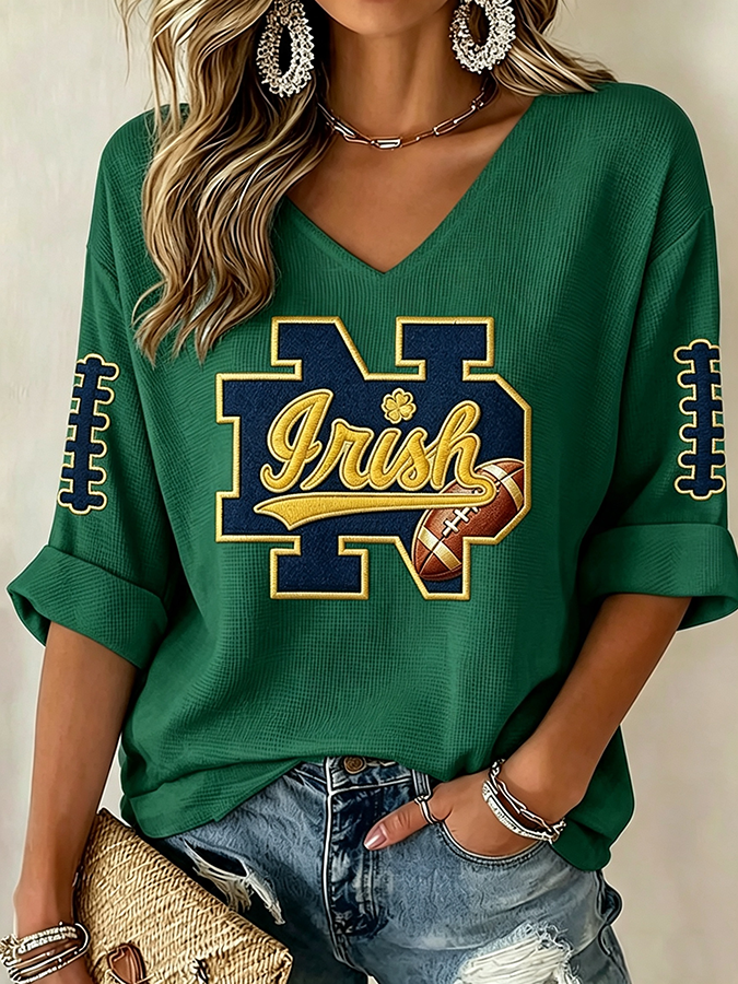 Women'S Rugby Patterned Waffle V-Neck Top