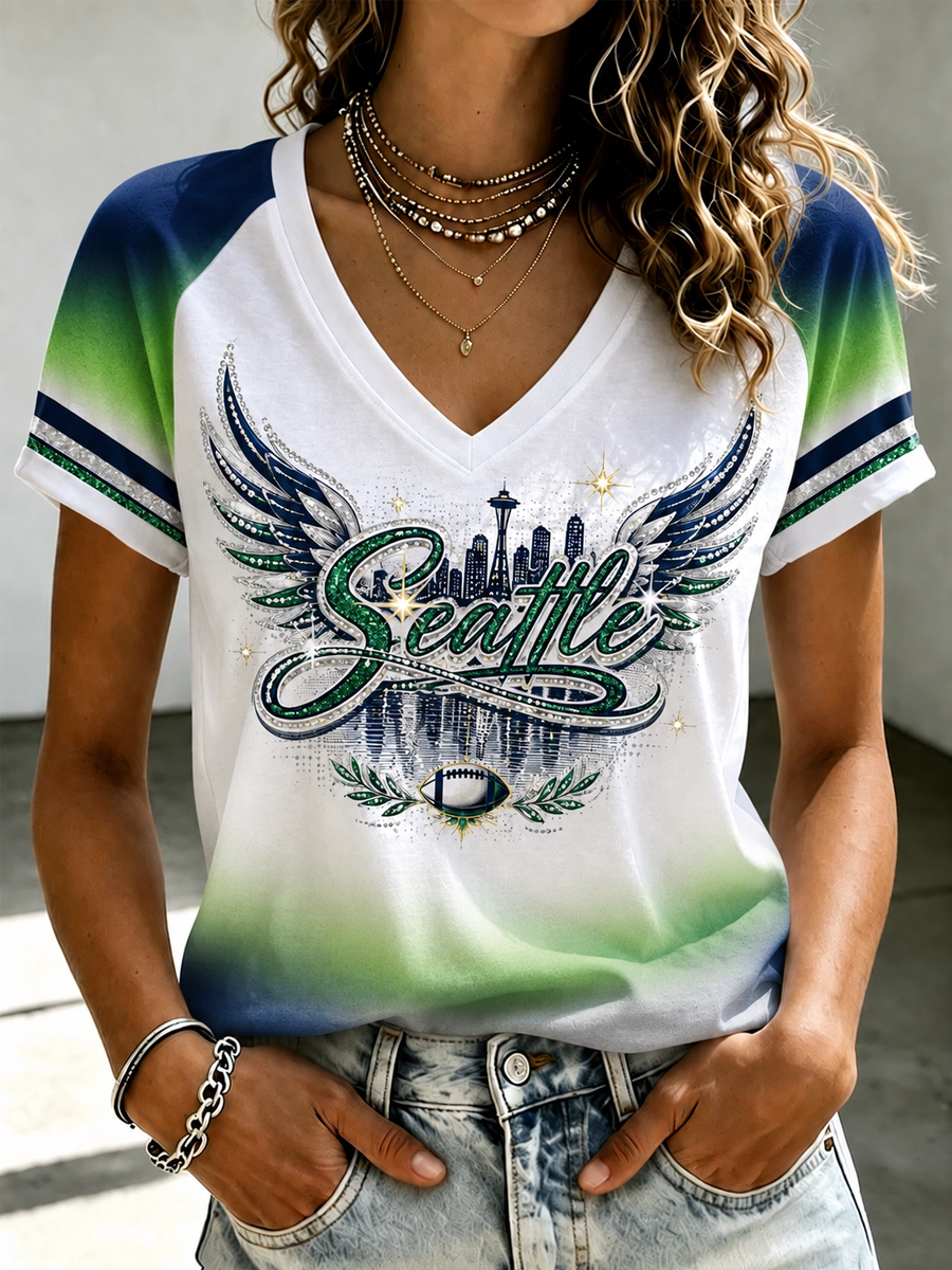 Women'S Football Printed V-Neck Short Sleeved Shirt