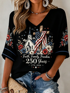 Women'S 250Th Anniversary Flag Cross Commemorative Print V-Neck