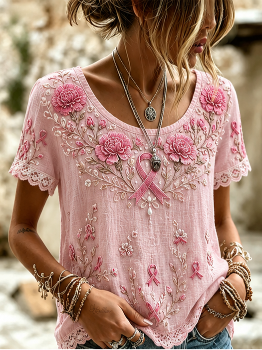 Women'S Casual Breast Cancer Awareness Promotion Pink Round Neck Top