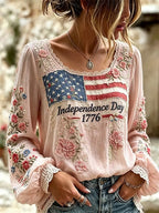 Bohemian Flower Embroidered American Flag Women'S Shirt Independence Day Lace Trimmed Long Sleeved Top