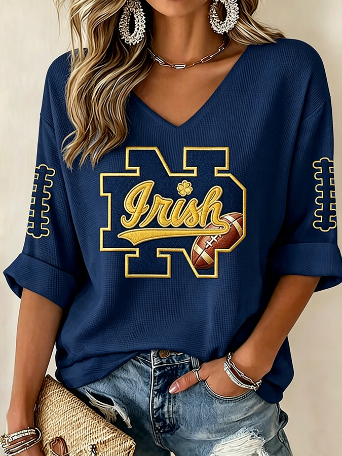 Women'S Rugby Patterned Waffle V-Neck Top