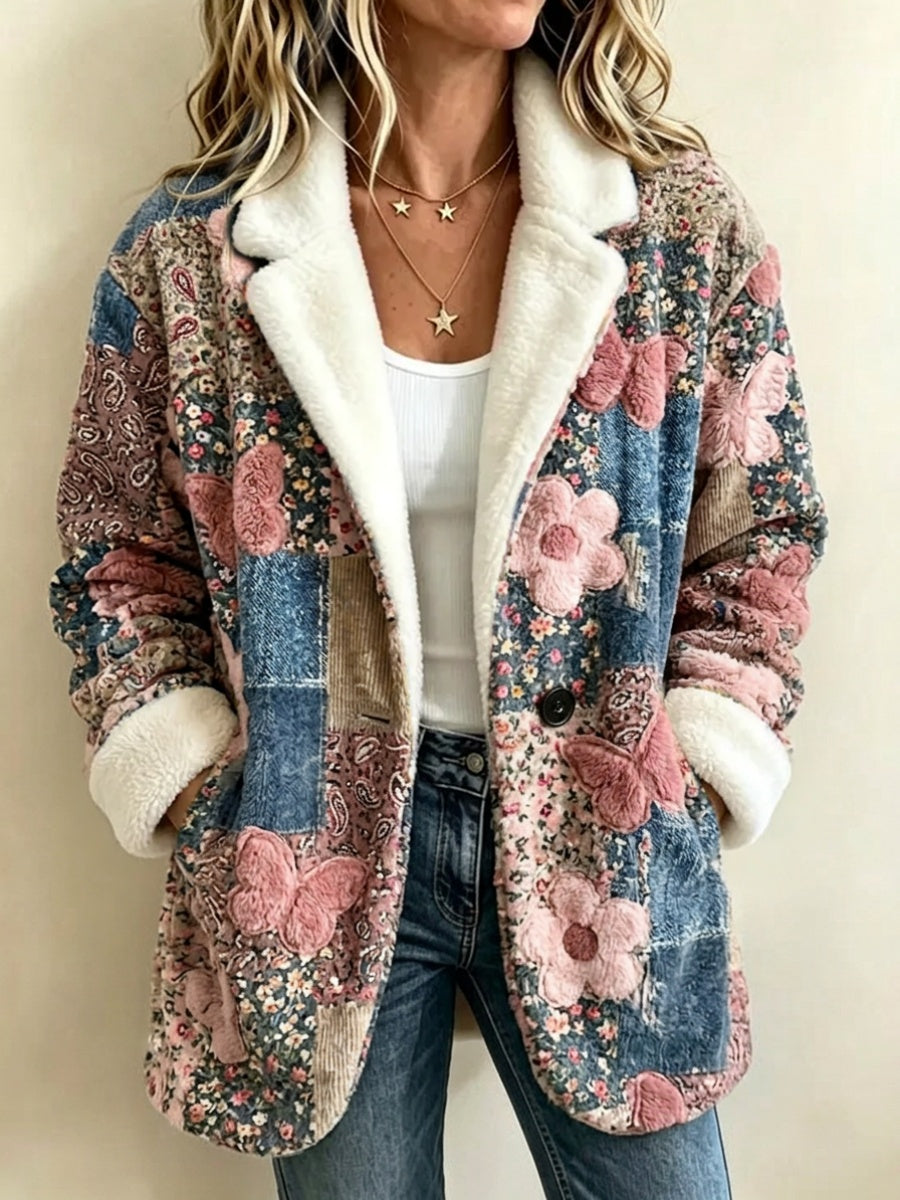 Women'S Butterfly and Floral-Themed Vintage Patchwork Sheepskin Coat