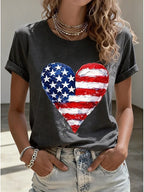 Women's American Flag Heart Patriotic Casual T-Shirt