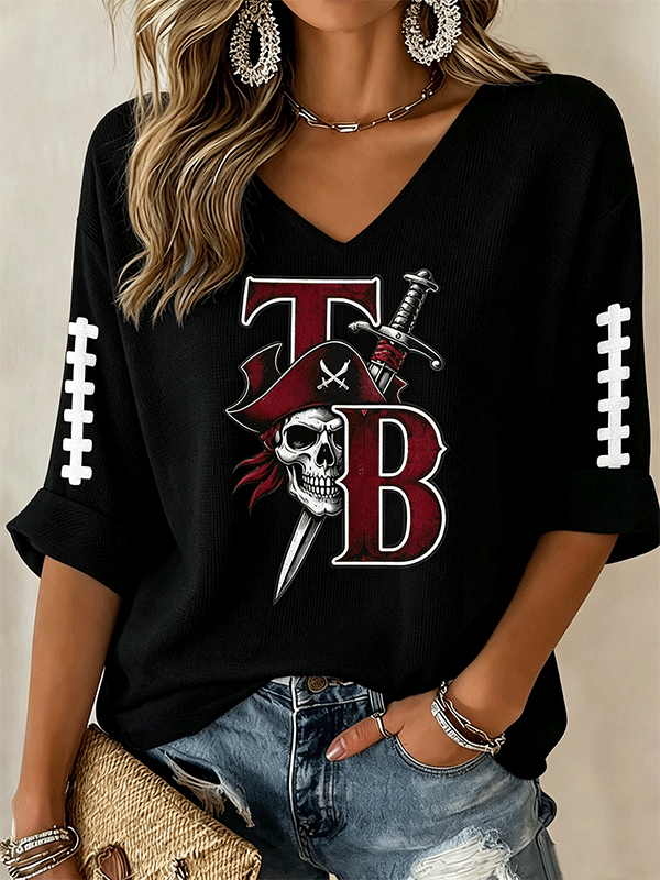 Women's Football Print Casual Waffle Top