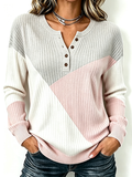 Women'S Patchwork Contrasting Henry Button Knit Top