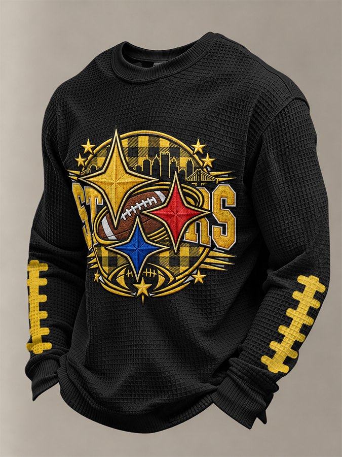 Men's Football Print Waffle Crewneck Sweatshirt