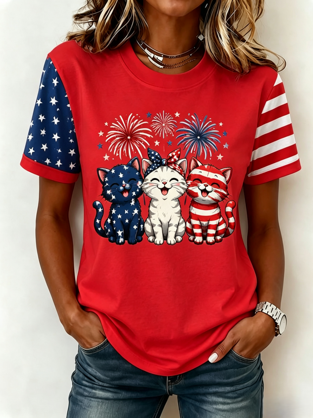 Women's American Flag Kittens Printed Casual T-shirt