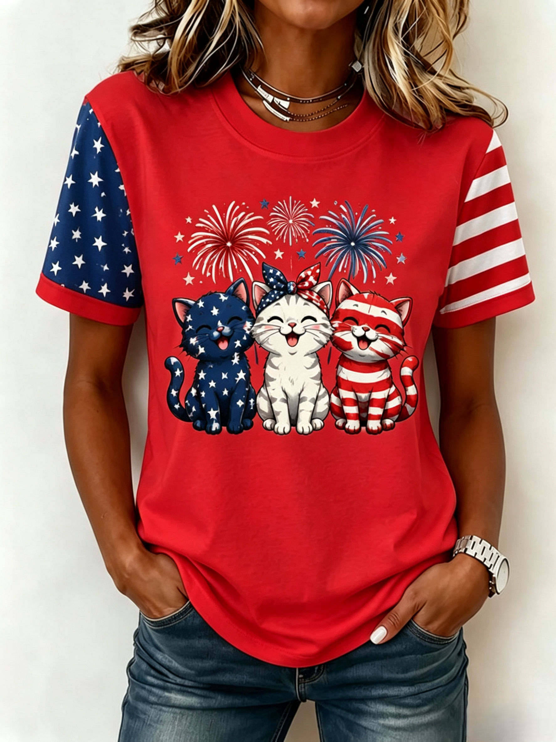 Women's American Flag Kittens Printed Casual T-shirt