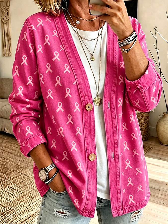 Women'S Breast Cancer Awareness Printed Casual Cardigan