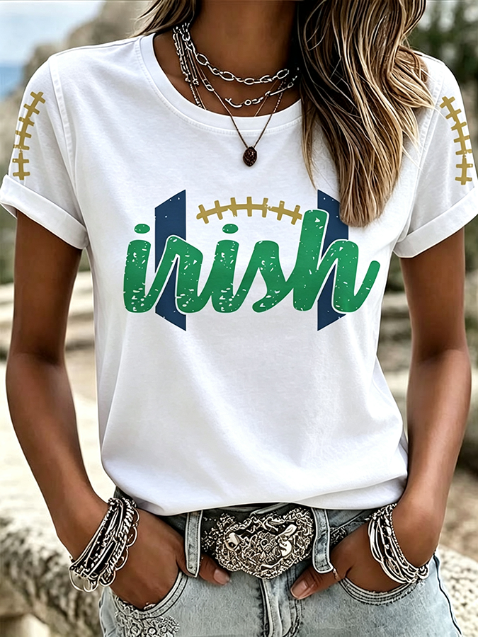 Women'S Rugby Printed Round Neck Short Sleeved T-Shirt