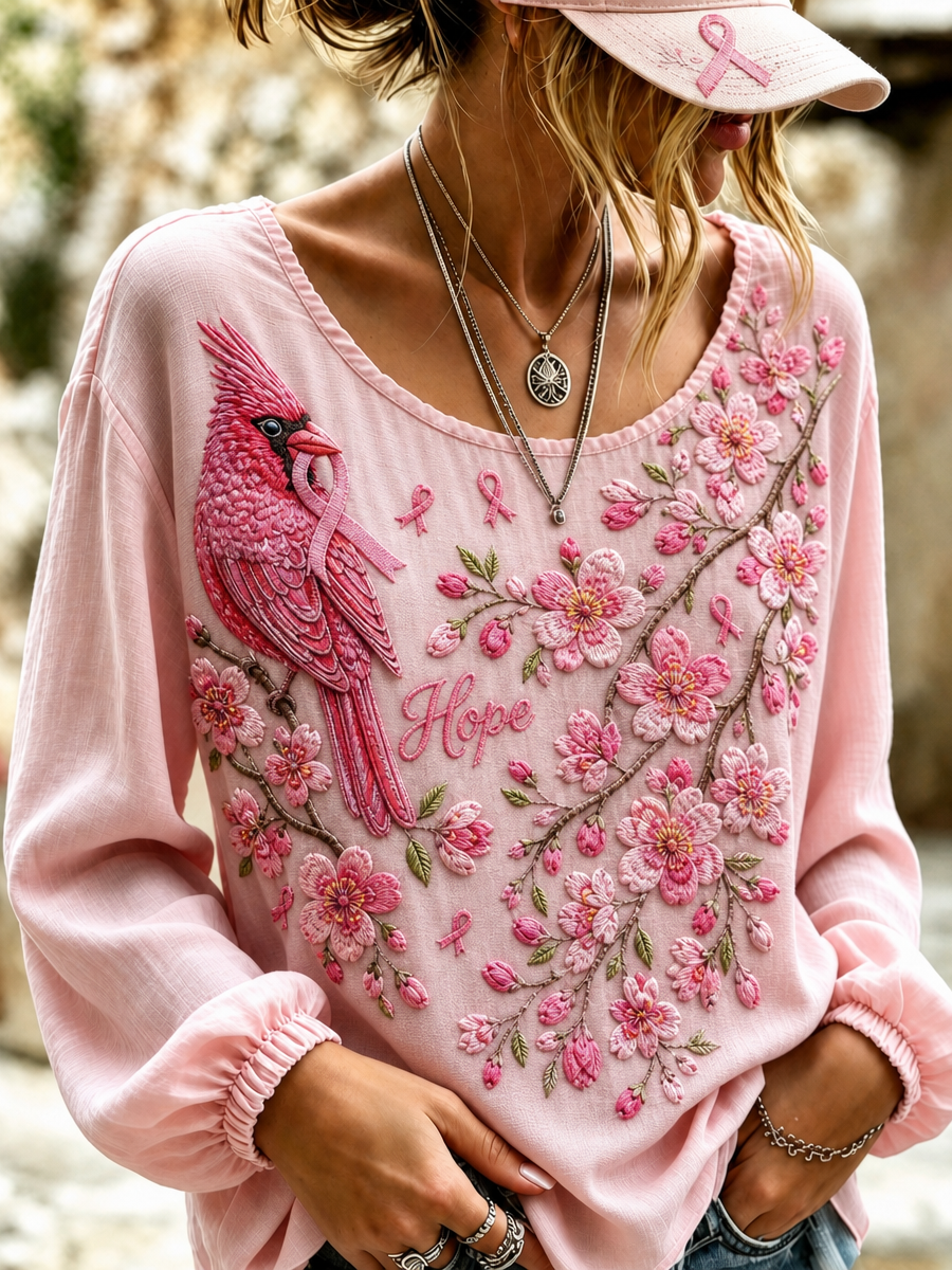 Women's Breast Cancer Print Casual Cotton-Linen Shirt