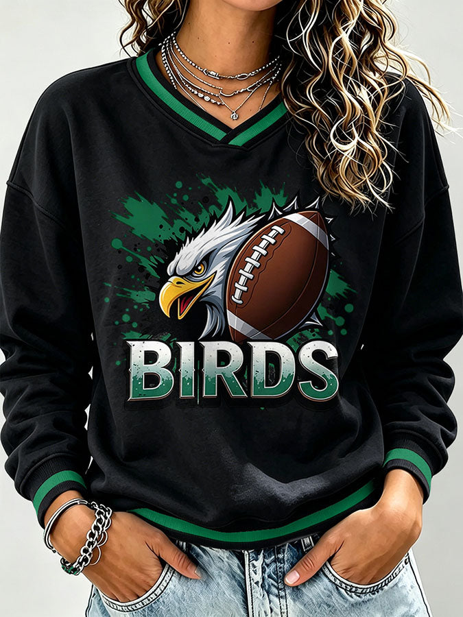 Women's Football Print V-Neck Color Block Sweatshirt
