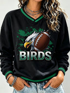 Women's Football Print V-Neck Color Block Sweatshirt