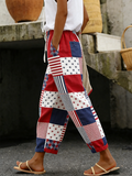 Women's Cotton Linen Patriotic Print Casual Cropped Trousers