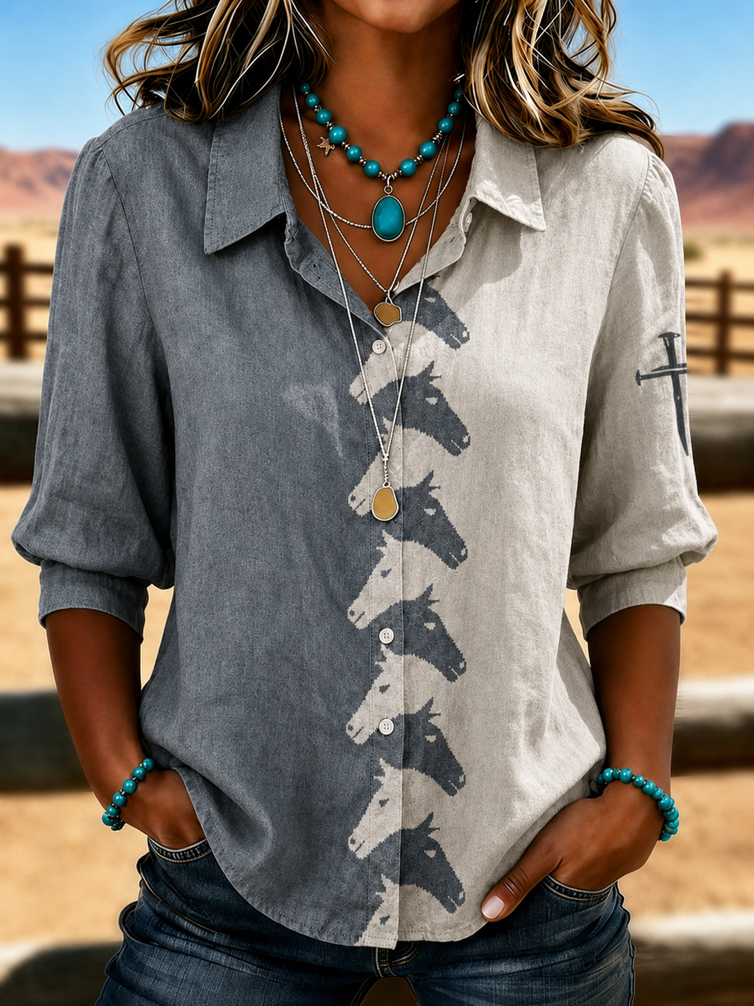 Women's Western Style Cross Retro Printed Shirt