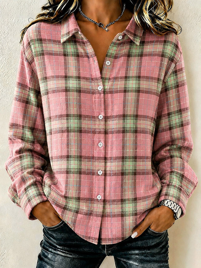 Women's Pink Plaid Print Lapel Long Sleeve Shirt