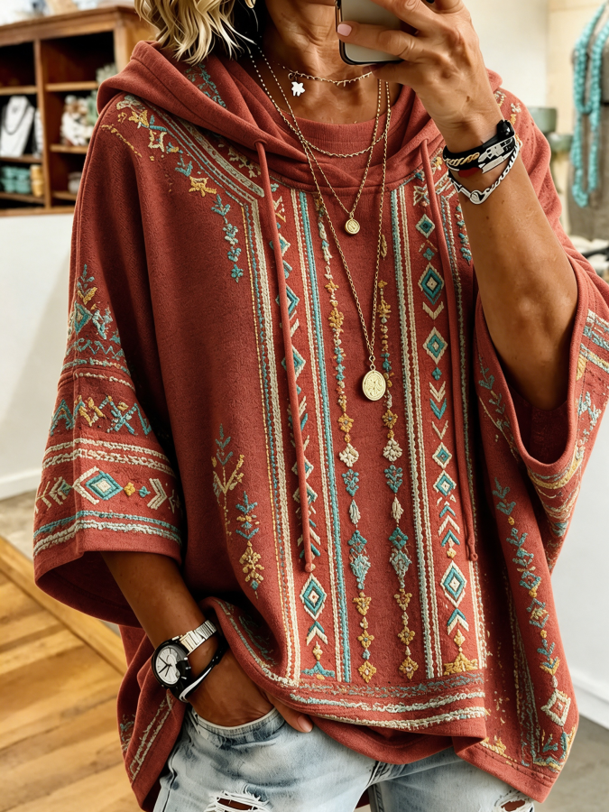 Women’S Retro Western Style Print Hoodie