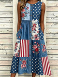 Women'S Casual Sleeveless Round Neck National Flag Floral Print Dress