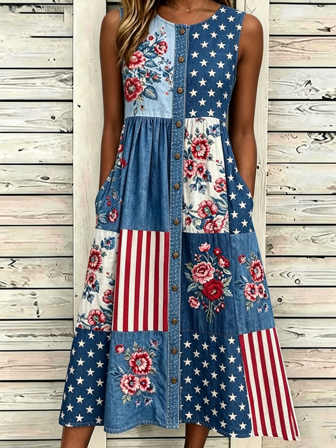 Women'S Casual Sleeveless Round Neck National Flag Floral Print Dress