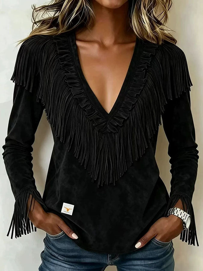 Women'S Casual Tassel Suede Autumn And Winter V-Neck Slim Fit Top