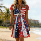 Ladies' Casual American Five-Star Flag Fluttering Colorful Flag V-Neck Short Sleeved Dress