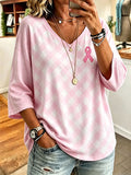 Women'S Casual Pink Art V-Neck 7-Inch Sleeve T-Shirt