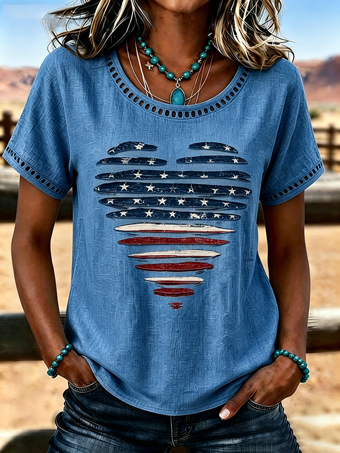 Women'S Casual Cotton And Linen Heart-Shaped Hollow T-Shirt