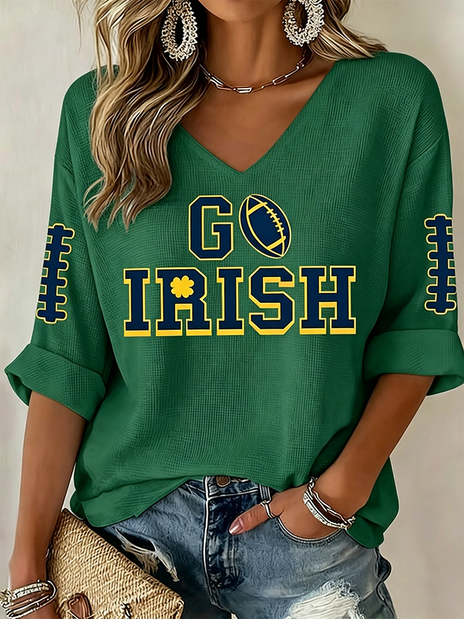 Women'S Rugby Patterned Waffle V-Neck Top