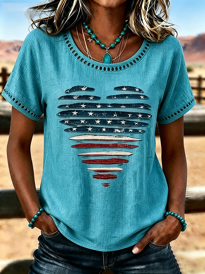Women'S Casual Cotton And Linen Heart-Shaped Hollow T-Shirt