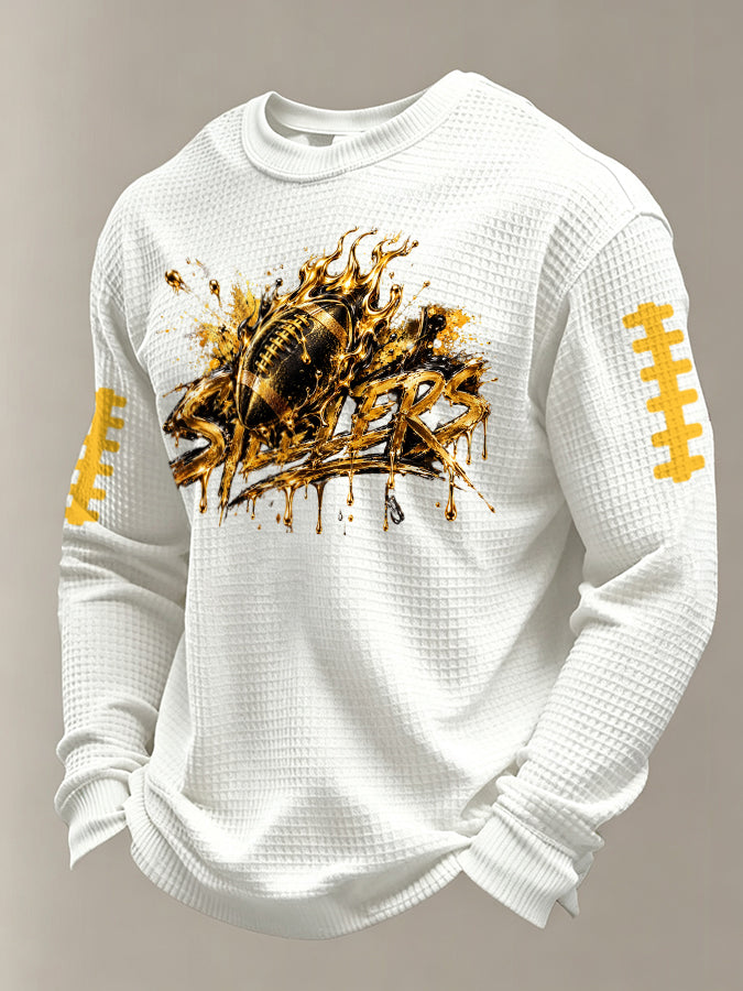 Men's Football Print Waffle Crewneck Sweatshirt