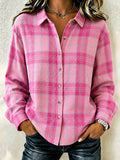 Women's Pink Plaid Print Lapel Long Sleeve Shirt