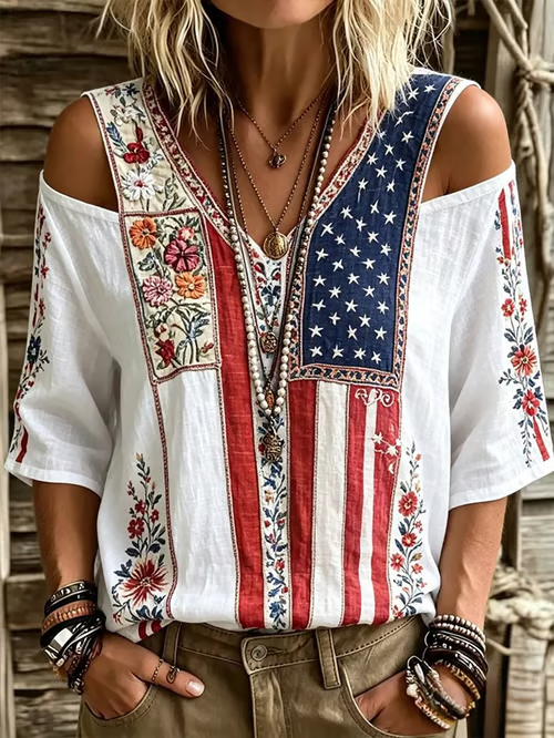 Women's Flag Print Off-Shoulder Top