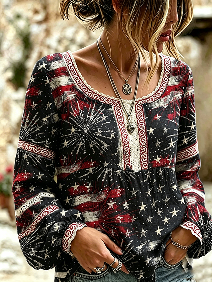Women's National Flag Floral Cotton Linen Shirt