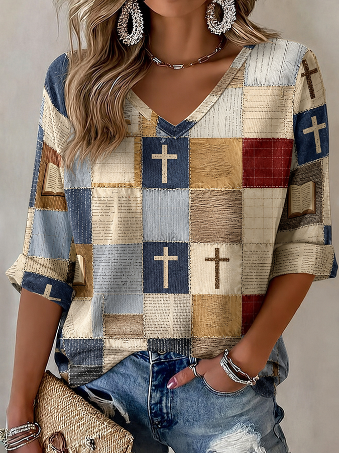 Women'S Retro Geometric Cross Print Top