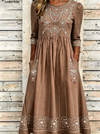 Vintage Western Floral Print Women's Long-Sleeve Linen Maxi Dress