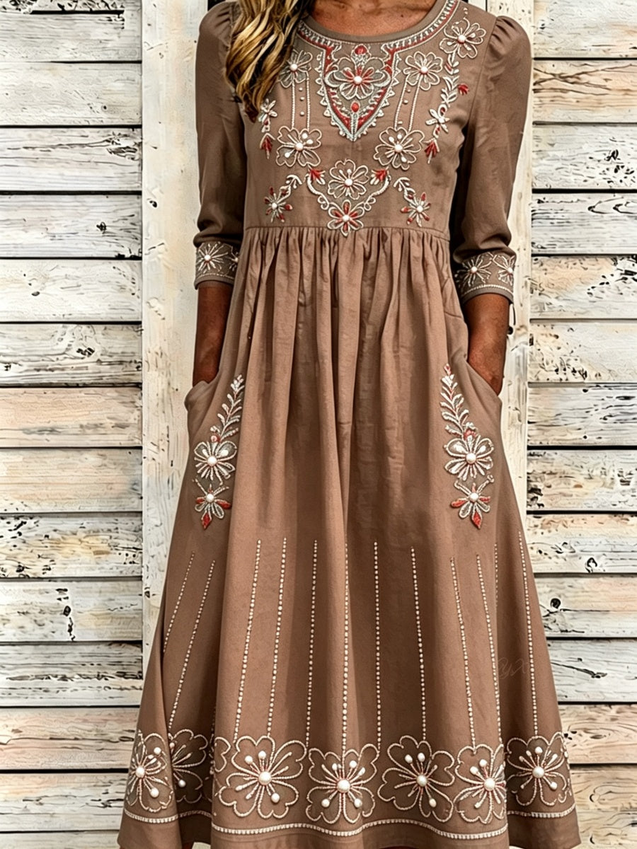 Vintage Western Floral Print Women's Long-Sleeve Linen Maxi Dress