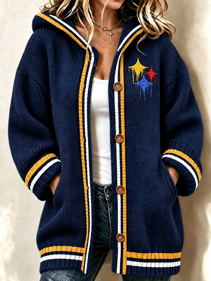 Women'S Football Printed Casual Knitted Hooded Cardigan