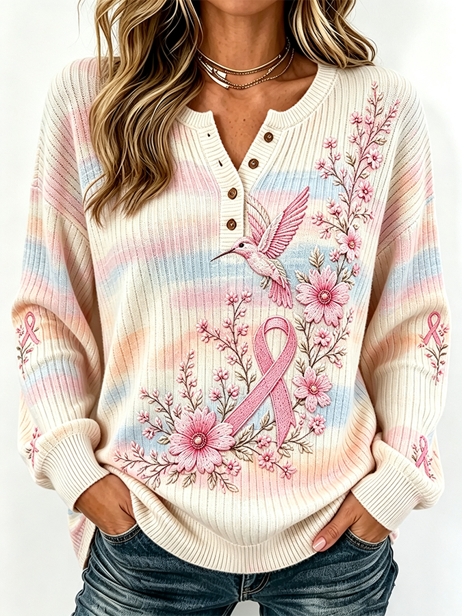 Women'S Breast Cancer Propaganda Month Pink Art Knitting Long Sleeved Sweater