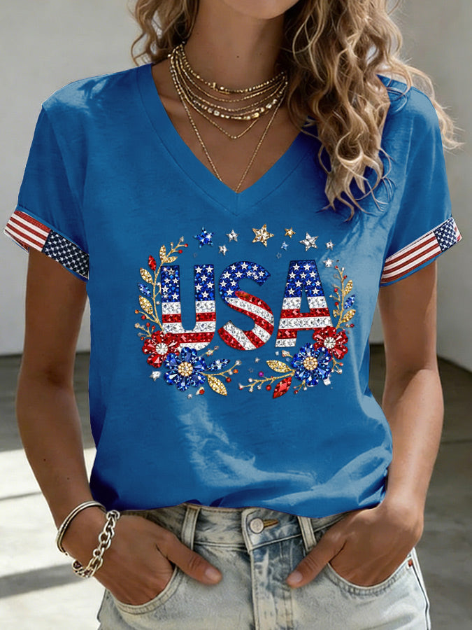 Women's Flower Independence Day Printed Casual T-shirt