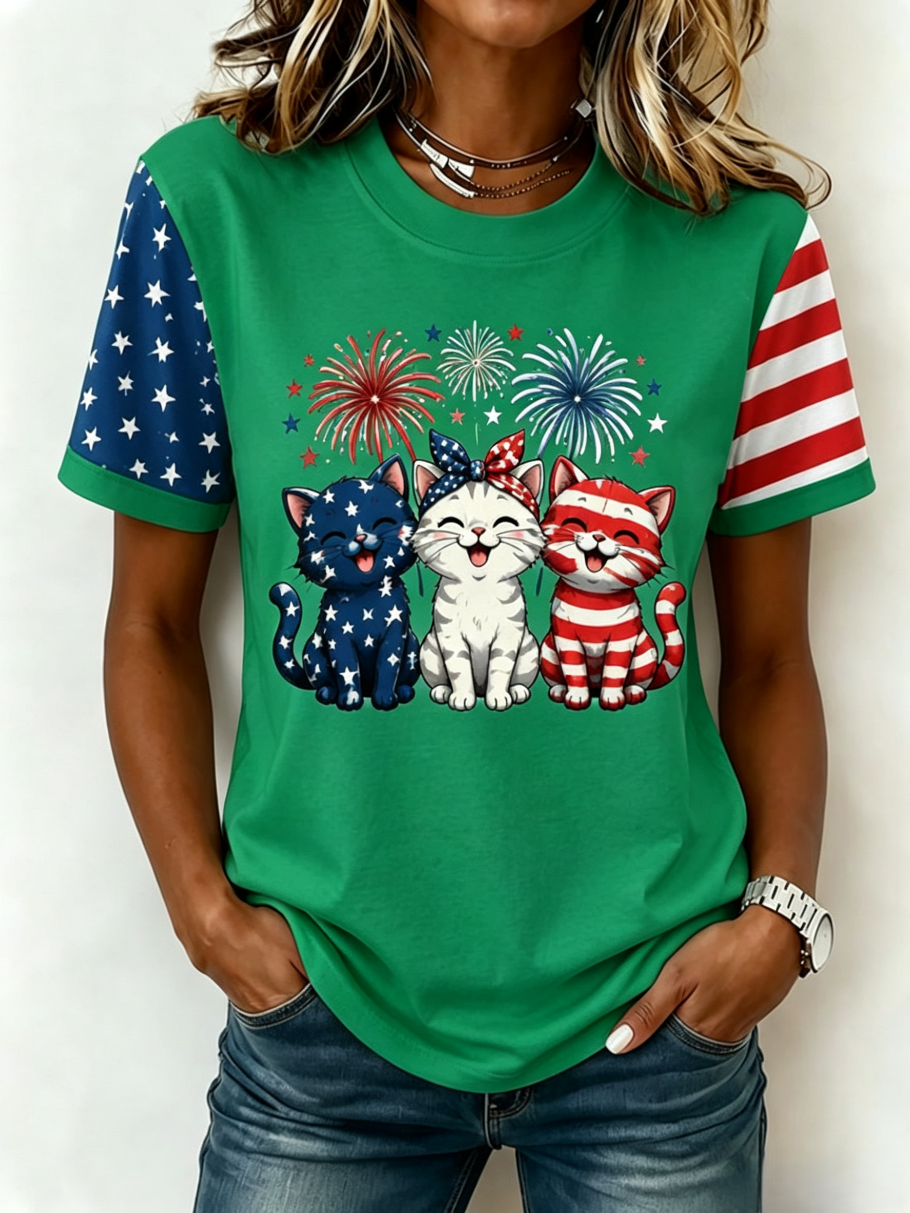 Women's American Flag Kittens Printed Casual T-shirt