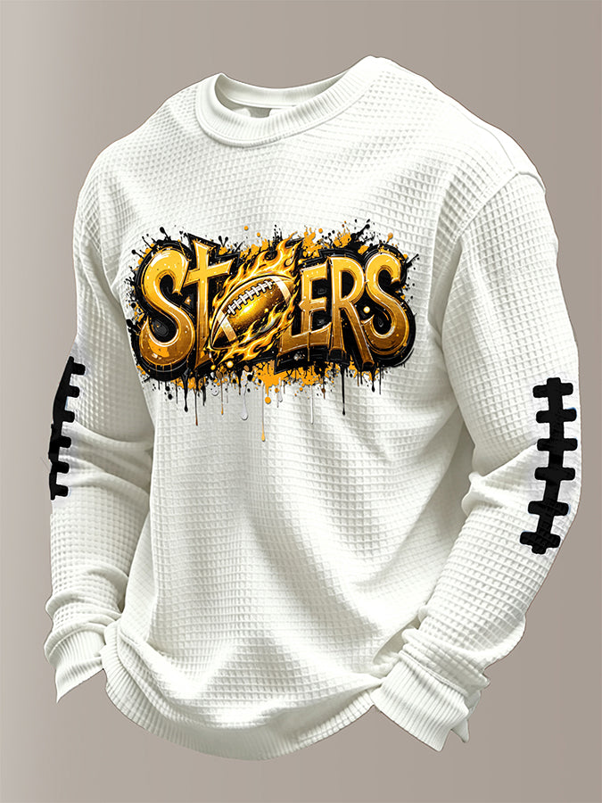 Men's Football Print Waffle Crewneck Sweatshirt