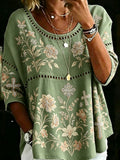 Women's Cross-Shaped Rhinestones & Floral Patterns Linen Shirt