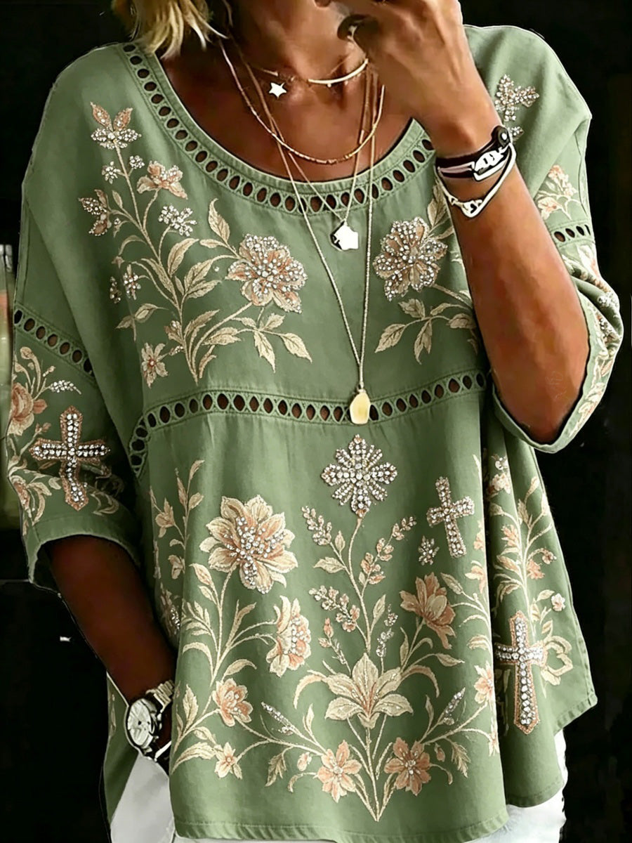 Women's Cross-Shaped Rhinestones & Floral Patterns Linen Shirt