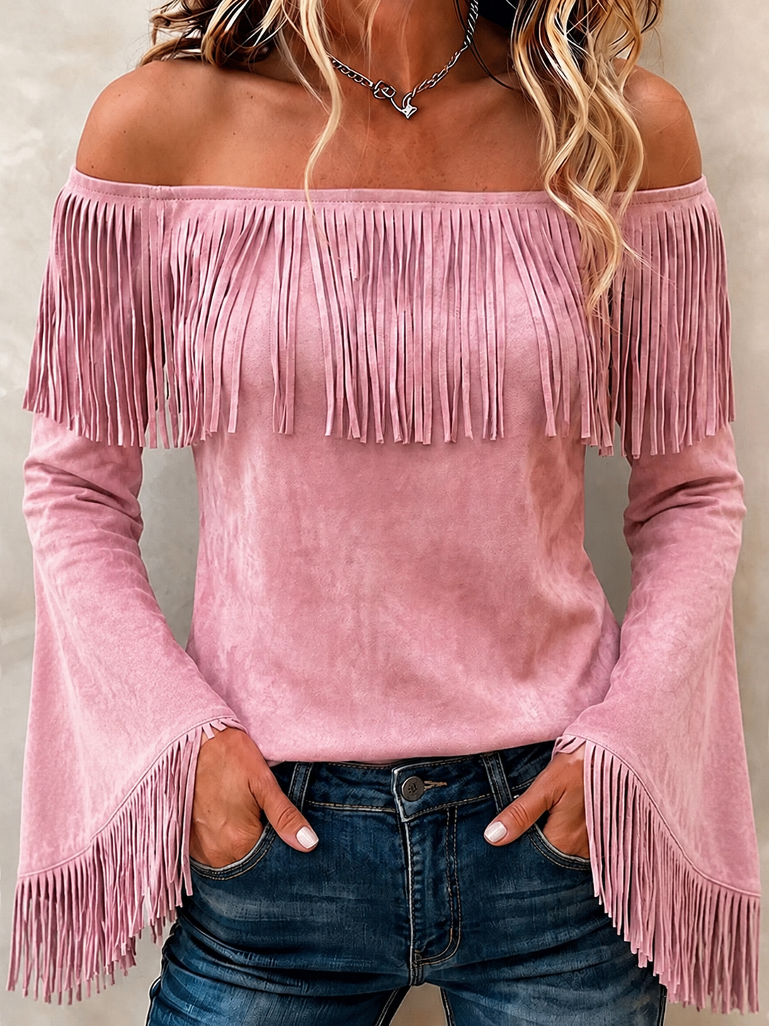 Women'S Solid Color Multi-Color Retro Suede Trumpet Sleeve Tassel Long Sleeved Top