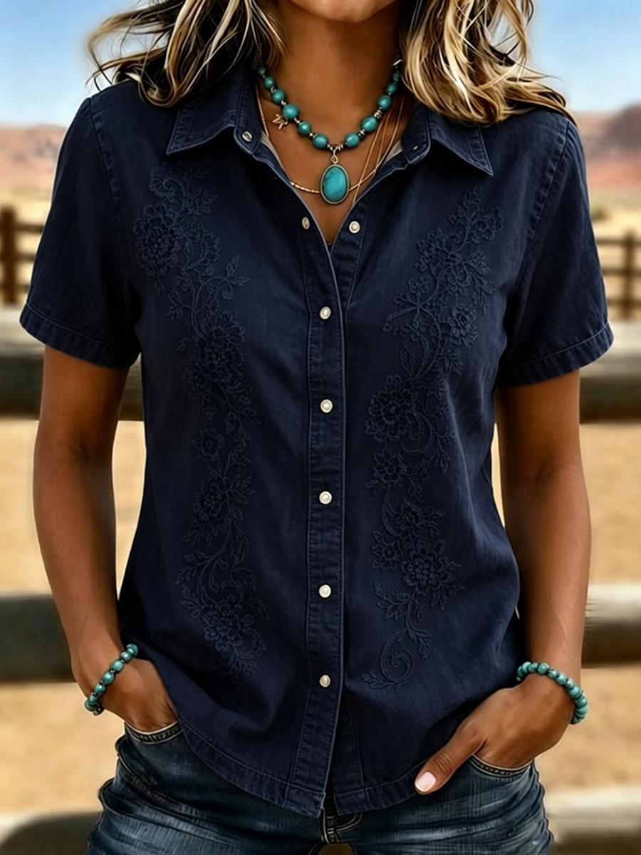 Women's Retro Western-Style Print Short-Sleeved Shirt