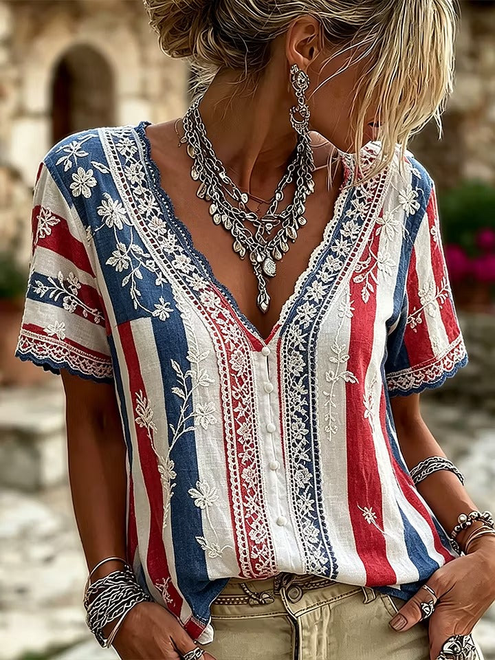 Vintage Football Team Floral Embroidered Patchwork Comfortable Casual V-neck Short Sleeve Top