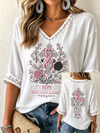 Women'S Breast Cancer Printed V-Neck Short Sleeve T-Shirt