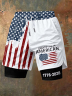 Men'S Independence Day Founding Celebration Printed Pattern Slim Fit Double Layer Sports Elastic Belt Quick Drying Breathable Shorts